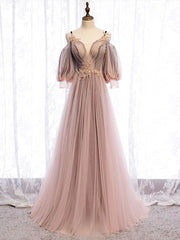 Club Outfit, Long Sleeves Pink Tulle Long Party Dress with Lace, Pink Floor Length Prom Dress