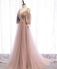Party Dress Code Idea, Long Sleeves Pink Tulle Long Party Dress with Lace, Pink Floor Length Prom Dress