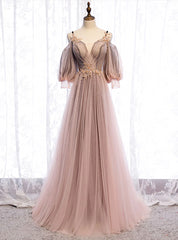 Classy Outfit, Long Sleeves Pink Tulle Long Party Dress with Lace, Pink Floor Length Prom Dress