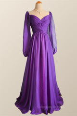 Party Outfit Night, Long Sleeves Purple A-line Long Formal Dress