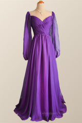 Formal Attire, Long Sleeves Purple A-line Long Formal Dress