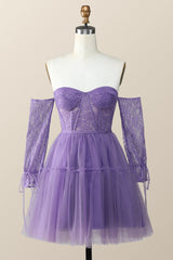 Bridesmaid Dress Long Sleeve, Long Sleeves Purple Lace and Tulle Short Homecoming Dress