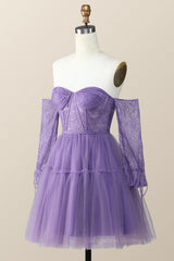 Wedding Invitations, Long Sleeves Purple Lace and Tulle Short Homecoming Dress