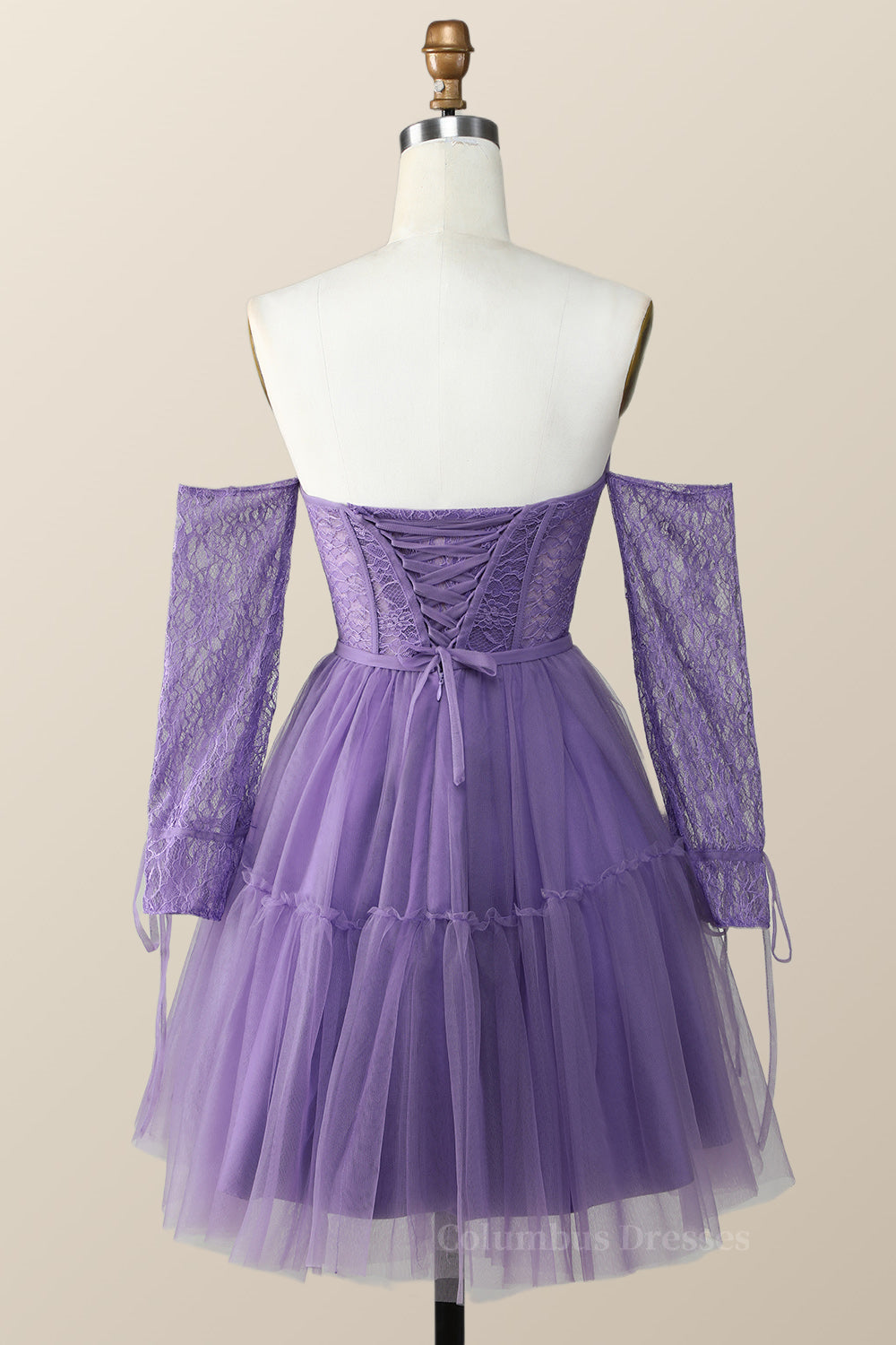 Bridesmaids Dresses Convertible, Long Sleeves Purple Lace and Tulle Short Homecoming Dress