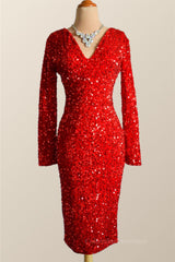 Party Dress Luxury, Long Sleeves Red Sequin Tight Dress