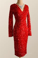 Party Dress Aesthetic, Long Sleeves Red Sequin Tight Dress