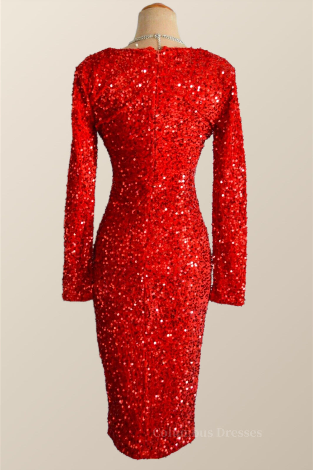 Party Dresses Black, Long Sleeves Red Sequin Tight Dress