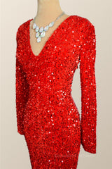 Party Dress Size 310, Long Sleeves Red Sequin Tight Dress