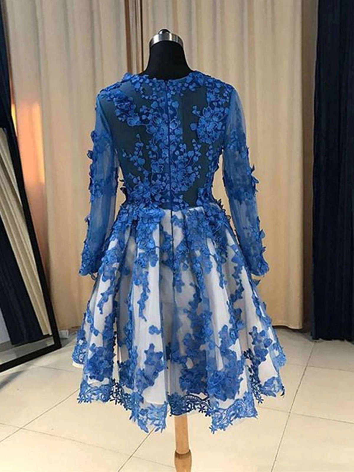 Prom Dress Type, Long Sleeves Short Blue Lace Prom Dresses, Short Blue Lace Formal Homecoming Graduation Dresses