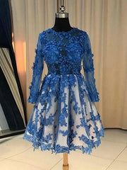 Prom Dress Types, Long Sleeves Short Blue Lace Prom Dresses, Short Blue Lace Formal Homecoming Graduation Dresses