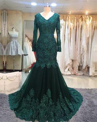 Prom Dresses Floral, Long Sleeves V-neck Lace Prom Mermaid Dresses,Women Evening Dress