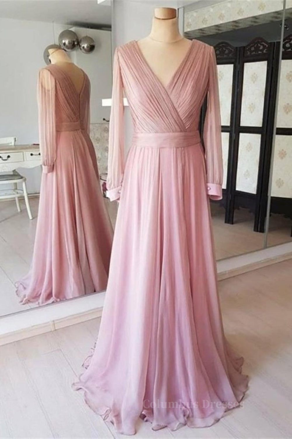 Prom Dress Ideas Black Girl, Long Sleeves V Neck Pink Chiffon Long Prom Dress, Long Sleeves Pink Bridesmaid Dress, Pink Formal Evening Dress
