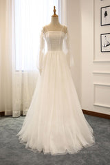 Wedding Dress Stores, Long Sleeves White Tulle Prom Wedding Dresses, Long Sleeves White Tulle Formal Evening Dresses