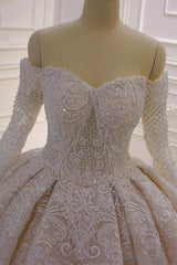 Wedding Dress Lace Sleeves, Long Sleevess Ball Gown Off the shoulder Sequins Wedding Dress