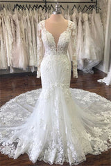 Wedding Dress Under, Long Sleevess V neck Mermaid White Long Train Wedding Dress