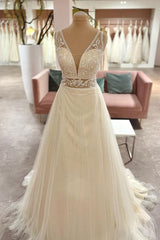 Wedding Dresses Chic, Long Sweetheart A-Line Tulle Appliques Lace Wedding Dress
