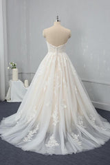 Wedding Dresses Short Bride, Long Sweetheart Backless Appliques Lace Tulle A-Line Wedding Dress
