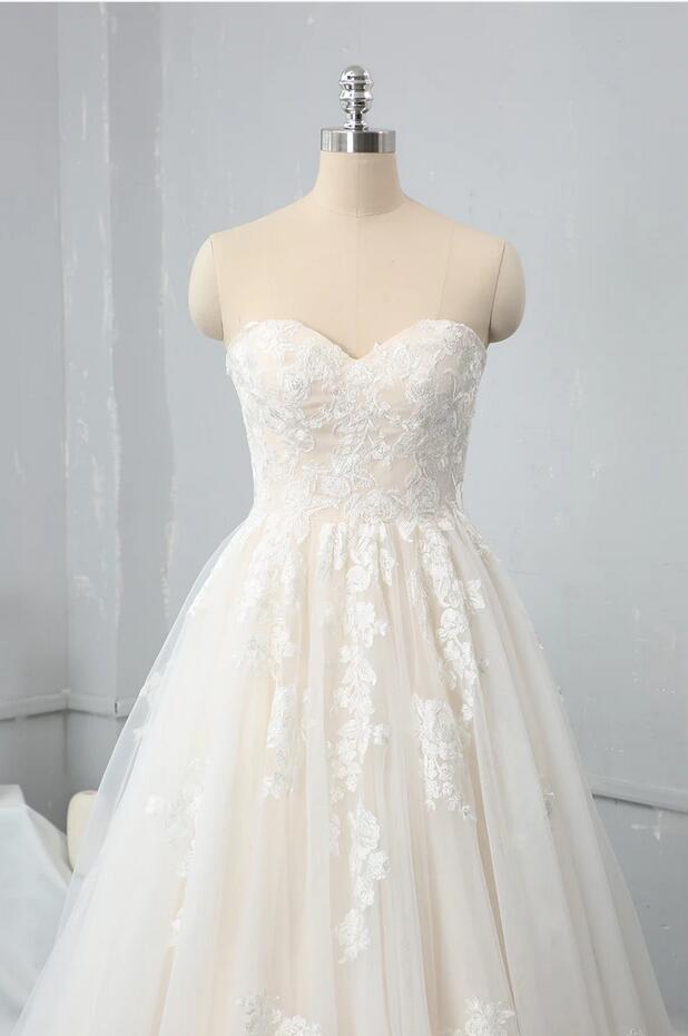 Wedding Dress Short Bride, Long Sweetheart Backless Appliques Lace Tulle A-Line Wedding Dress