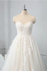 Wedding Dress Short Bride, Long Sweetheart Backless Appliques Lace Tulle A-Line Wedding Dress