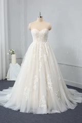 Wedding Dress Under 203, Long Sweetheart Backless Appliques Lace Tulle A-Line Wedding Dress