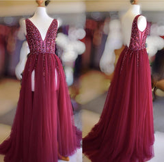 Prom Dresses Outfits, Long Tulle V-neck Prom Dresses Sequin Beaded Evening Gowns