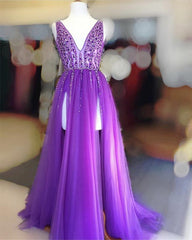 Prom Dress Elegant, Long Tulle V-neck Prom Dresses Sequin Beaded Evening Gowns