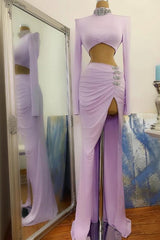 Mermaid Prom Dress, Long Two Piece Mermaid High Neck Split Prom Dress with Sleeves
