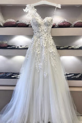 Prom Dresses Champagne, Long White Sweetheart Neck Lace Applique Prom Dress, Evening Dresses