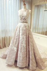Party Dress Store, Gorgeous Round Neck Sleeveless Lace Prom Dresses Sweep Train with Appliques
