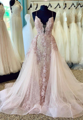 Couture Gown, Plunging V-Neck Lace Long Prom Dresses, Pink Evening Dresses