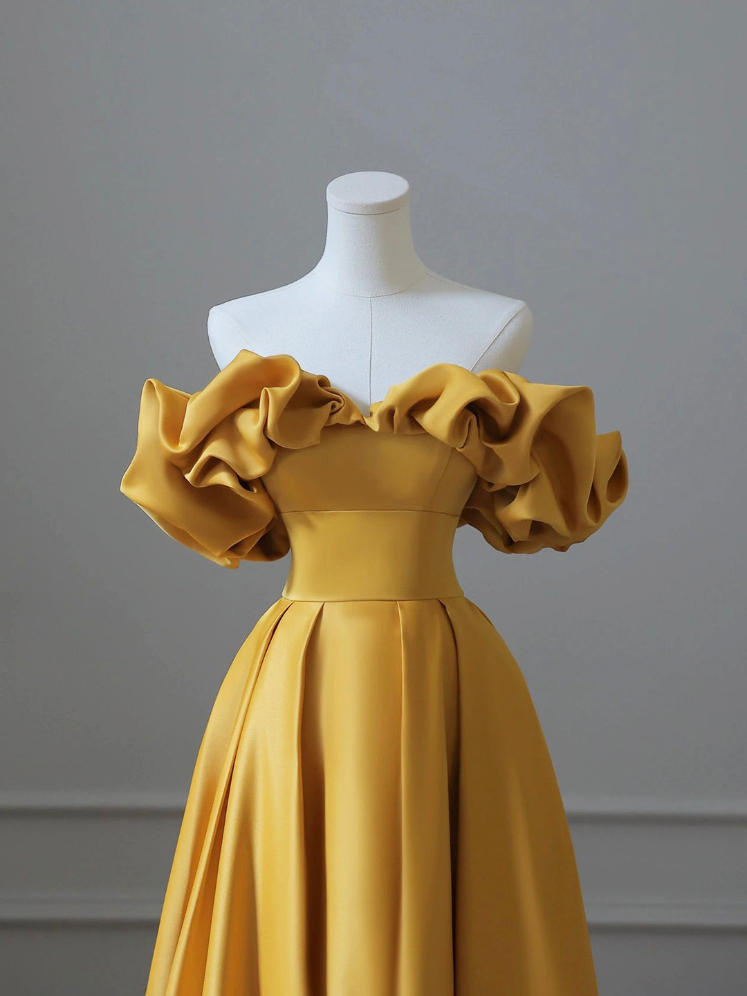 Debutant Dress, Yellow Satin Long Prom Dress, Off Shoulder A-Line Evening Dress