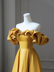 Prom Inspo, Yellow Satin Long Prom Dress, Off Shoulder A-Line Evening Dress