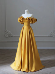 Royal Dress, Yellow Satin Long Prom Dress, Off Shoulder A-Line Evening Dress