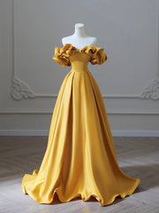 Cocktail Dress Prom, Yellow Satin Long Prom Dress, Off Shoulder A-Line Evening Dress