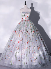 Prom Dress Spring, Lovely Strapless Floral Tulle Long Prom Dress, Gray  A-Line Evening Party Dress