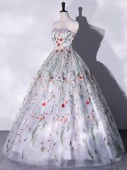 Prom Dresses Green, Lovely Strapless Floral Tulle Long Prom Dress, Gray  A-Line Evening Party Dress