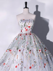 Prom Dress A Line, Lovely Strapless Floral Tulle Long Prom Dress, Gray  A-Line Evening Party Dress