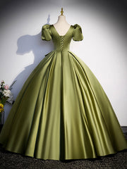 Classy Prom Dress, Green Satin Short Sleeve Floor Length Formal Dress, Green A-Line Prom Dress