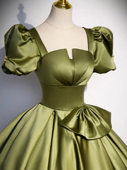 Dream, Green Satin Short Sleeve Floor Length Formal Dress, Green A-Line Prom Dress