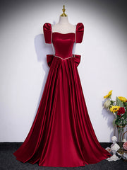 Prom Dresses Off The Shoulder, Beautiful Satin Floor Length Prom Dress with Bowknot, Burgundy Short Sleeve Evening Dress