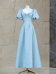 Evening Dress Princess, Blue Satin Pearl Long Prom Dress, A-Line Blue Evening Party Dress