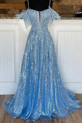 Evening Dress Store, Blue Spaghetti Strap Sequined Lace Prom Dress, Blue Lace-Up Evening Dress
