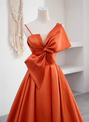 Formal Dress Floral, Spaghetti Straps Orange Satin Prom Formal Dress, A-Line Floor Length Evening Dress