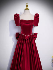 Prom Dresses Beautiful, Beautiful Satin Floor Length Prom Dress with Bowknot, Burgundy Short Sleeve Evening Dress