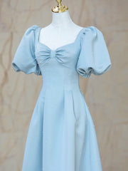 Evening Dress Long Elegant, Blue Satin Pearl Long Prom Dress, A-Line Blue Evening Party Dress