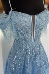Evening Dress Stores, Blue Spaghetti Strap Sequined Lace Prom Dress, Blue Lace-Up Evening Dress