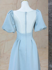 Evening Dresses Long Elegant, Blue Satin Pearl Long Prom Dress, A-Line Blue Evening Party Dress