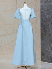 Evening Dress Classy, Blue Satin Pearl Long Prom Dress, A-Line Blue Evening Party Dress