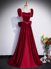 Prom Dress Types, Beautiful Satin Floor Length Prom Dress with Bowknot, Burgundy Short Sleeve Evening Dress