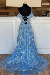Evening Dress Shops Near Me, Blue Spaghetti Strap Sequined Lace Prom Dress, Blue Lace-Up Evening Dress